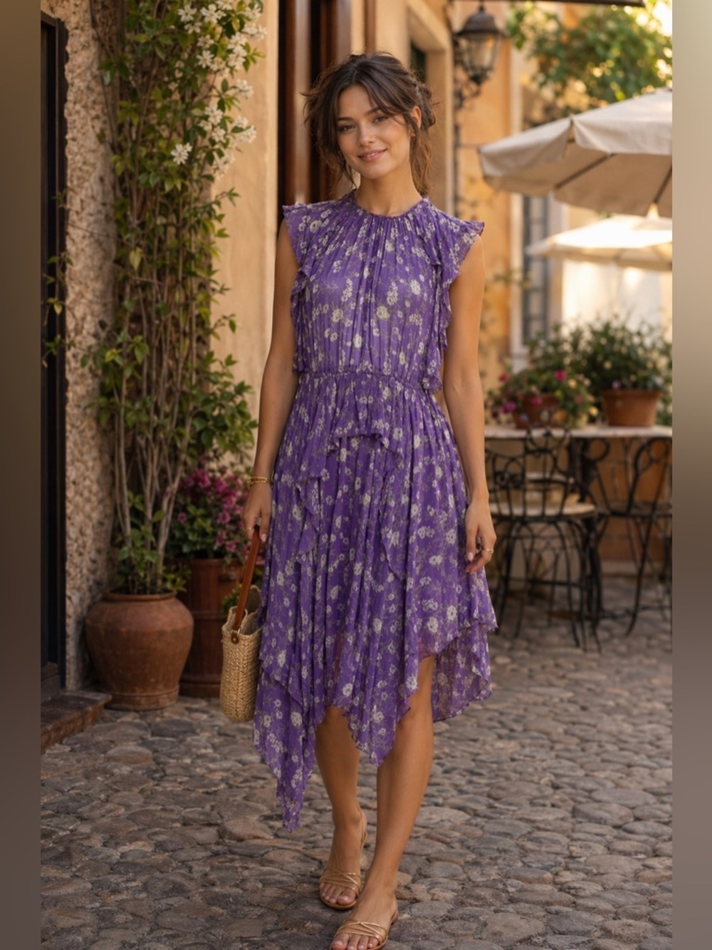 Ulla Johnson Silk Midi Dress SZ 2 Purple Floral Ruffle Boho Dress